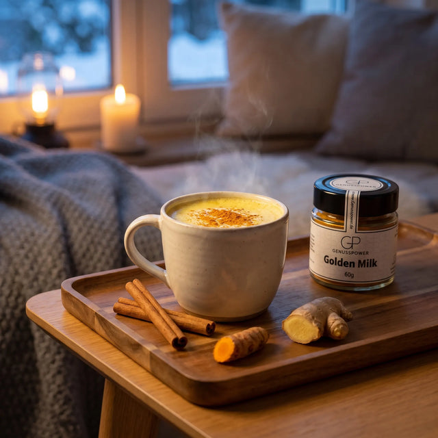 Eine Tasse Golden Milk mit Zimt und Ingwer auf einem Tablett in einer Sofaecke am Winterabend, daneben Golden Milk von Genusspower