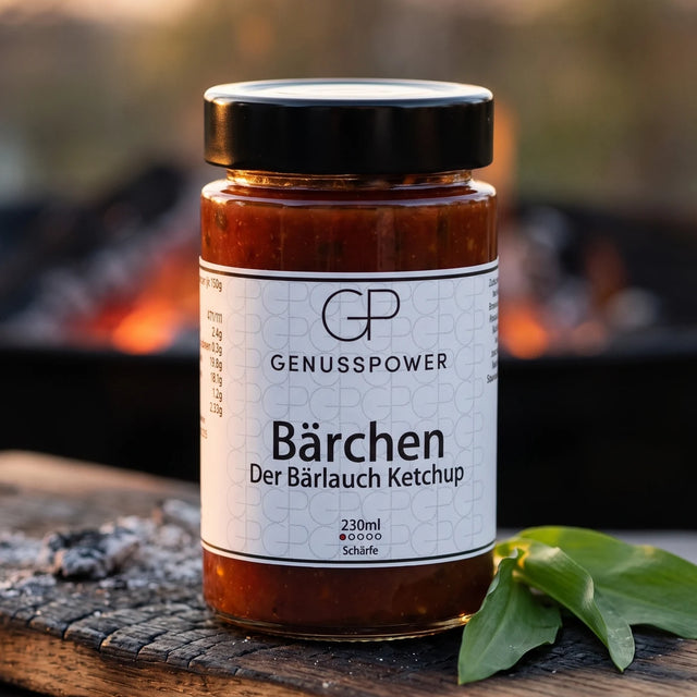 Bärchen Bärlauch Ketchup im Glas auf verkohlter Eiche, daneben frische Bärlauchblätter