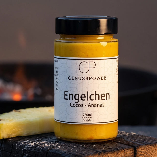 Engelchen Grillsauce im Glas auf verkohlter Eiche, daneben frische Ananas