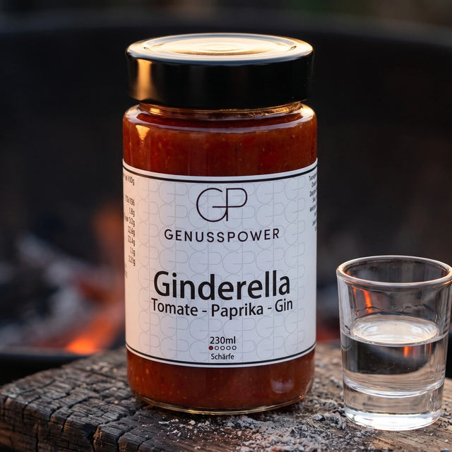 Ginderella Grillsauce im Glas auf verkohlter Eiche, daneben ein kleines Glas Gin