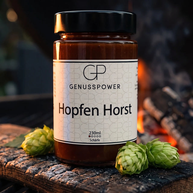 Hopfen Horst Grillsauce im Glas auf verkohlter Eiche, daneben frische Hopfendolden