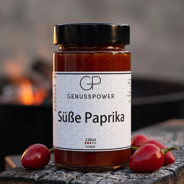 Süße Paprika Grillsauce im Glas auf verkohlter Eiche, daneben rote Kirschpaprika