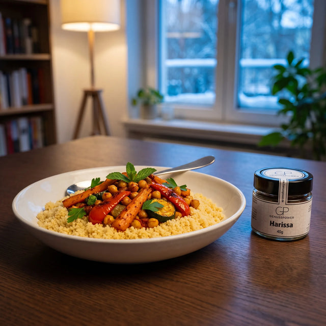Couscous mit Ofengemüse in einer Keramikschale am Esstisch an einem Winterabend, daneben Harissa von Genusspower
