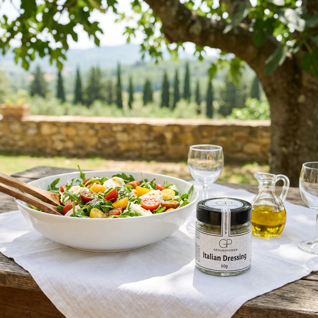 Salat mit Rucola, Tomaten und Mozzarella in einer Keramikschüssel an einem Gartentisch in der Toskana, daneben Italian Dressing von Genusspower