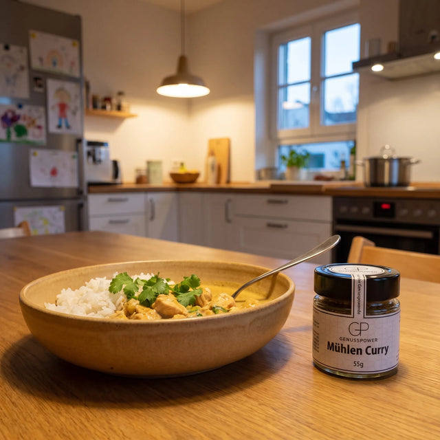 Hähnchencurry mit Reis in einer Keramikschale in einer Familienküche am Sonntagabend, daneben Mühlen Curry von Genusspower