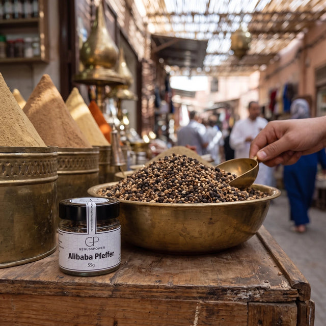 Alibaba Pfeffer von Genusspower neben einer Messingschale Pfeffer auf einem Gewürzmarkt in Marrakesch