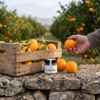 Orangenpfeffer von Genusspower auf einer Steinmauer neben einer Kiste Orangen in einem Orangenhain auf Sizilien