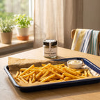 Knusprige Ofenpommes auf dem Backblech mit Mayonnaise in einer Familienküche, daneben Pommes Gewürz von Genusspower