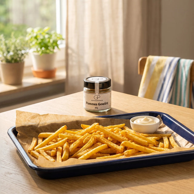 Knusprige Ofenpommes auf dem Backblech mit Mayonnaise in einer Familienküche, daneben Pommes Gewürz von Genusspower