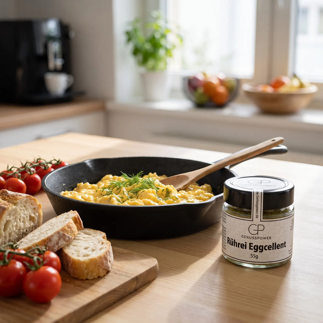 Rührei mit Dill in einer Gusspfanne, Brot und Tomaten am Küchentisch im Morgenlicht, daneben Rührei Eggcellent von Genusspower