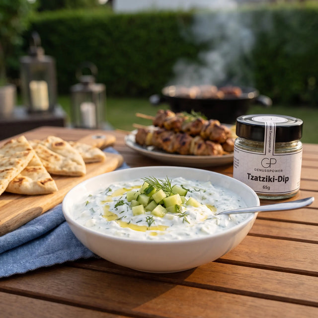 Tzatziki mit Gurke und Fladenbrot beim Grillabend im Garten, daneben Tzatziki-Dip von Genusspower