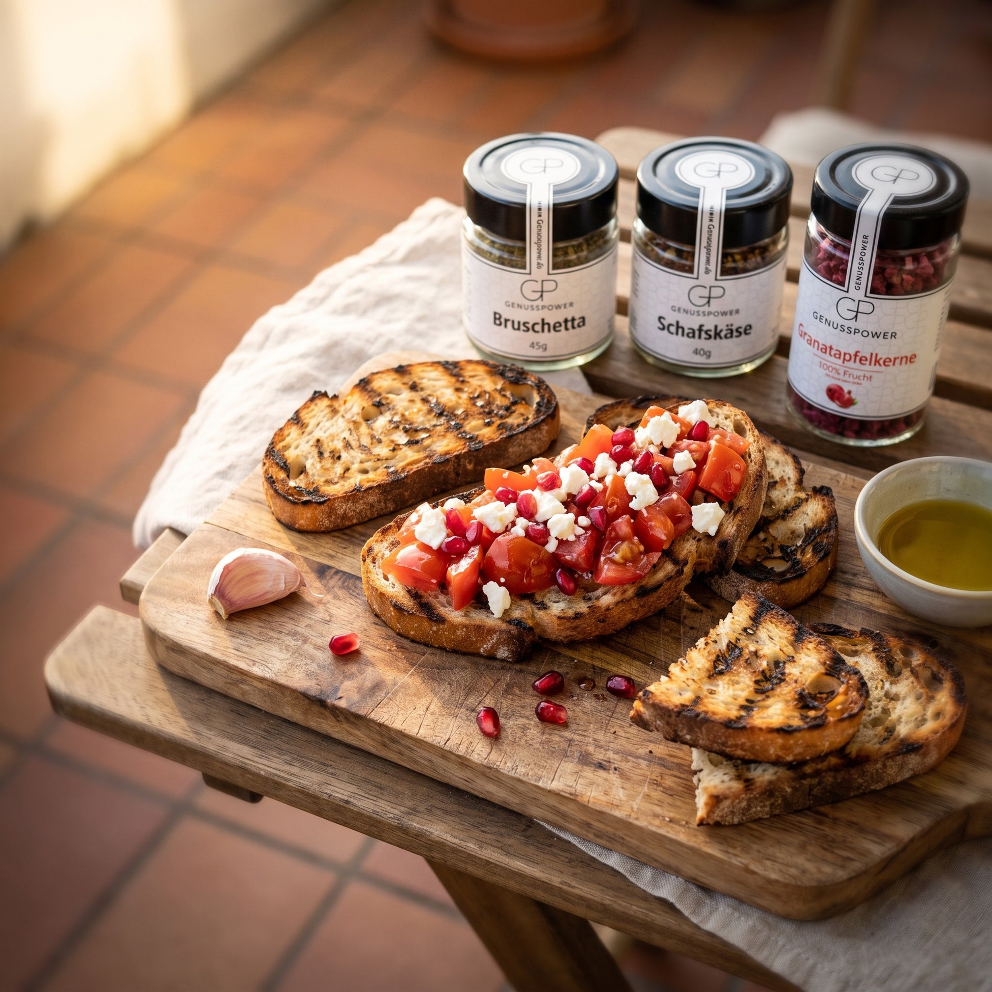 Mädelsabend – Bruschetta mit Schafskäse und Granatapfel auf dem Holzbrett
