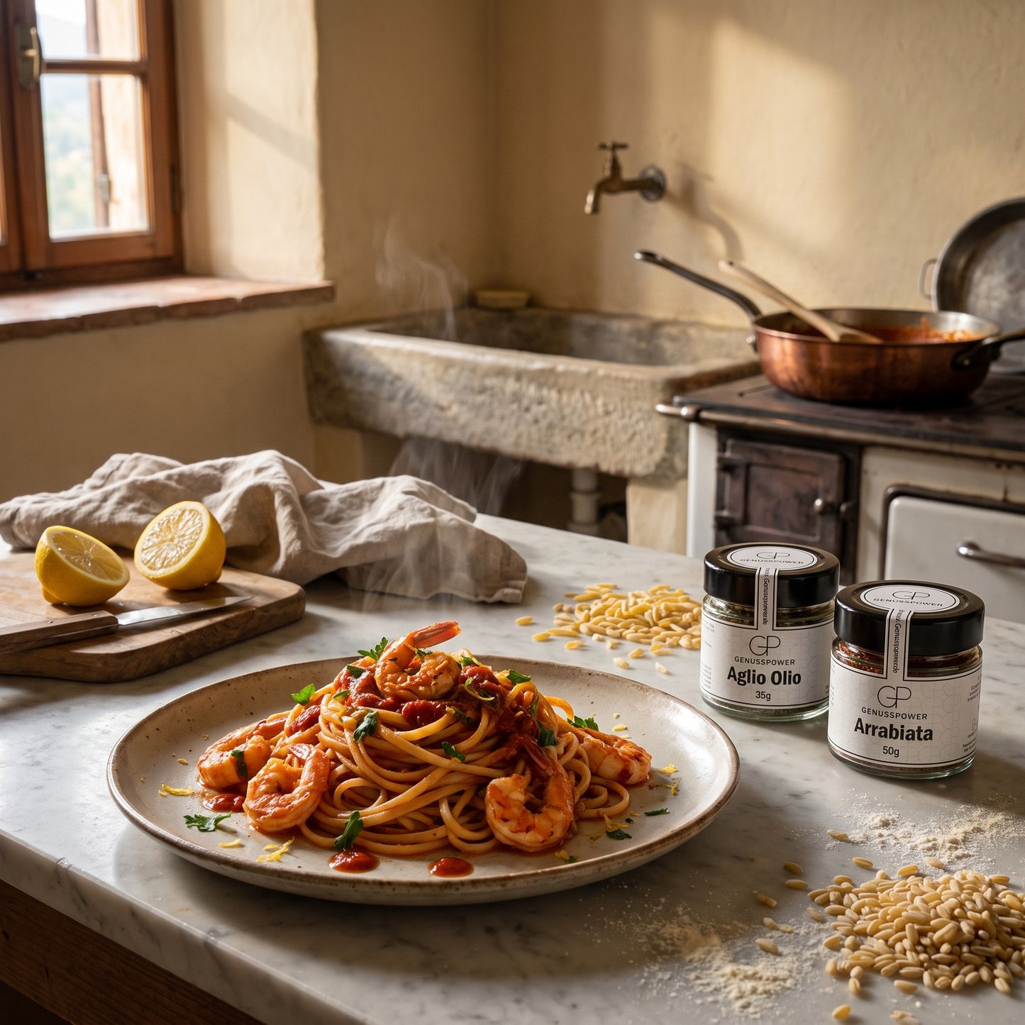 Kurzurlaub – Linguine mit Garnelen in Arrabiata-Öl, Zitrone und Petersilie daneben