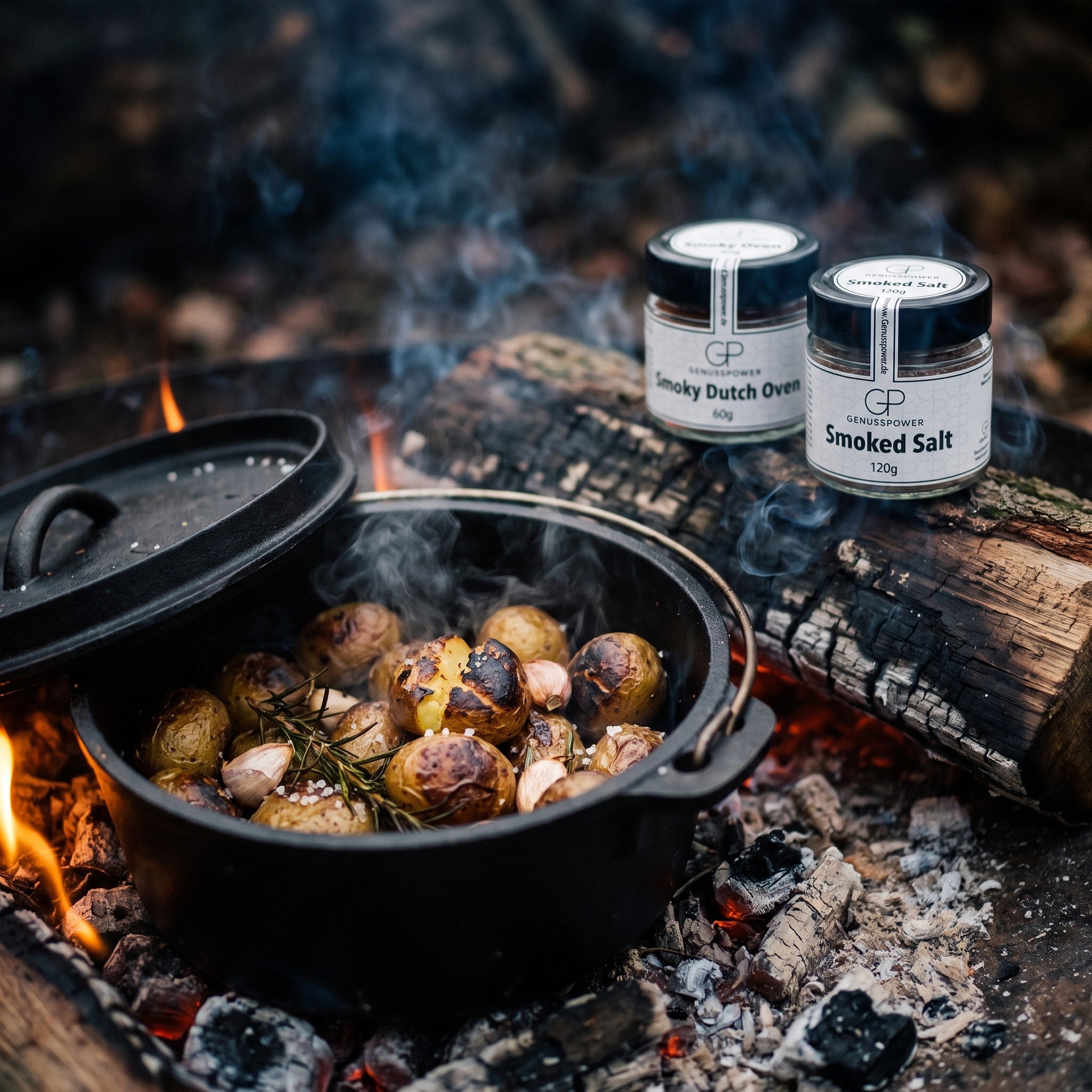 Räucherkammer – Kartoffeln mit Rosmarin und Knoblauch im Dutch Oven über der Glut