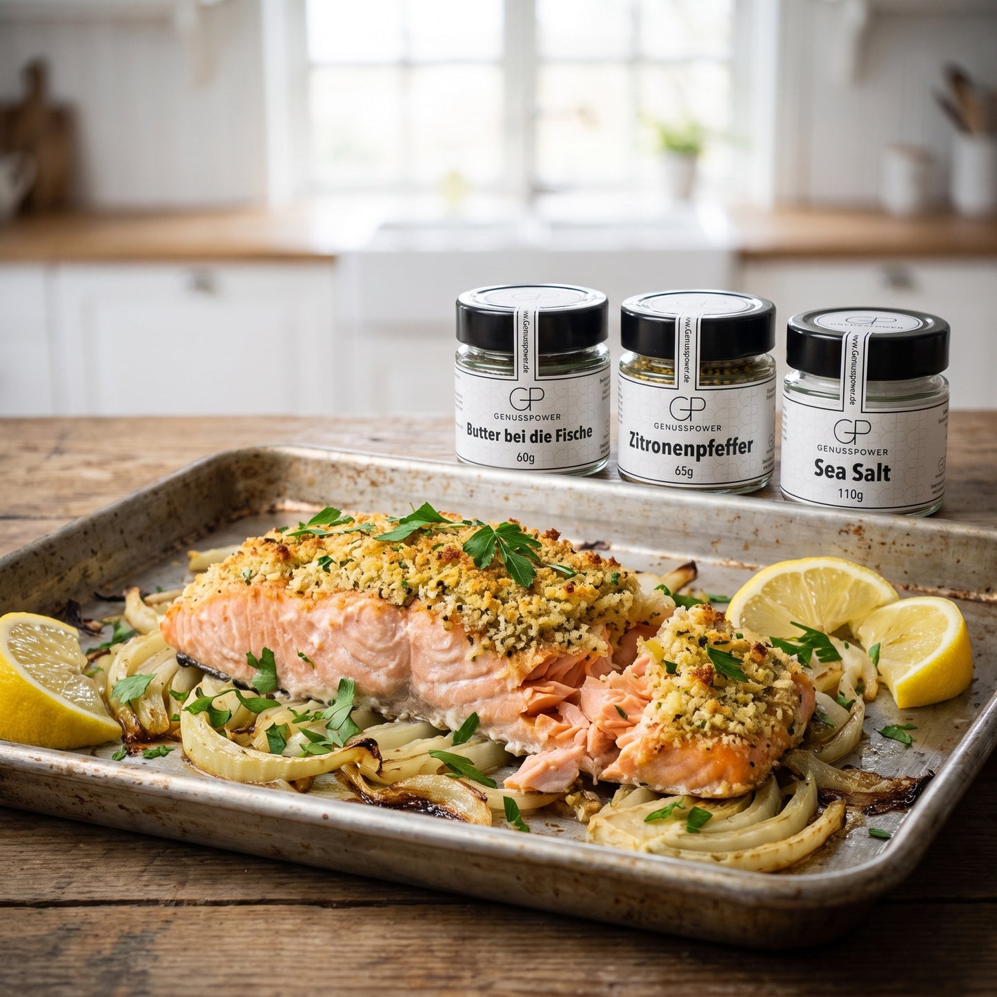 Landgang – Lachs mit goldener Zitronenkruste auf Fenchel vom Blech