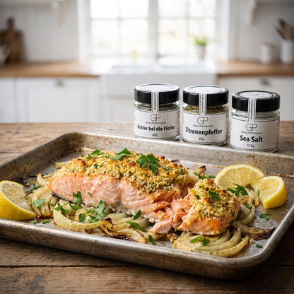 Landgang – Lachs mit goldener Zitronenkruste auf Fenchel vom Blech