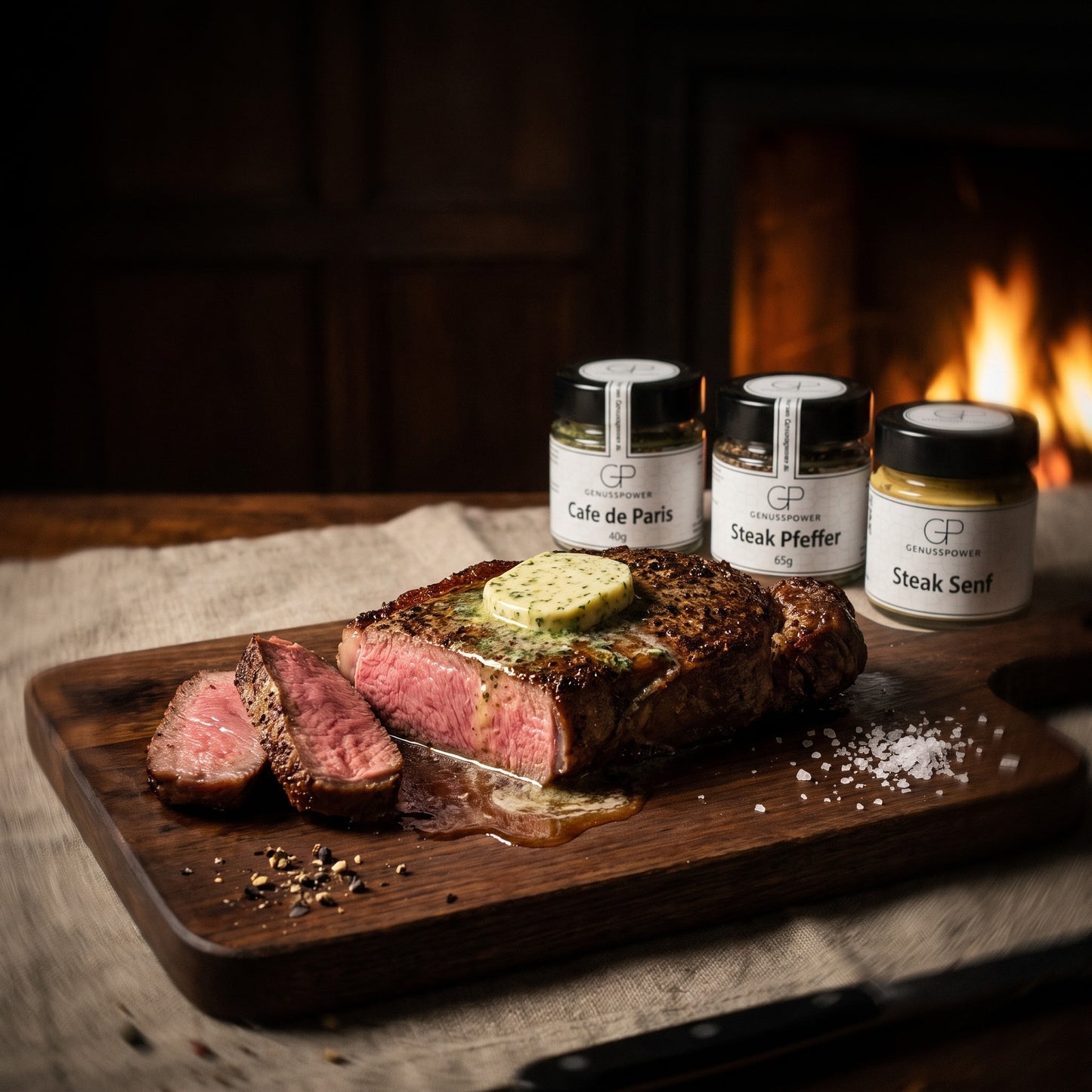 Stammtisch – Rumpsteak mit schmelzender Café-de-Paris-Butter auf dem Holzbrett