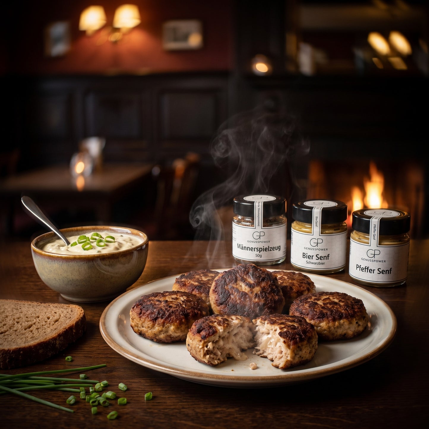 Stammtisch – Frikadellen mit Bier-Senf-Dip und dunklem Brot