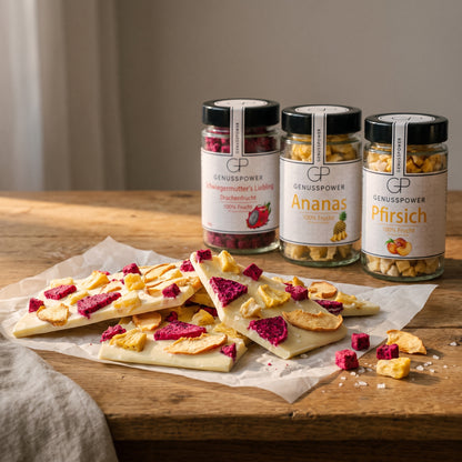 Sommerfrische – Bruch aus weißer Schokolade mit Drachenfrucht, Ananas und Pfirsich