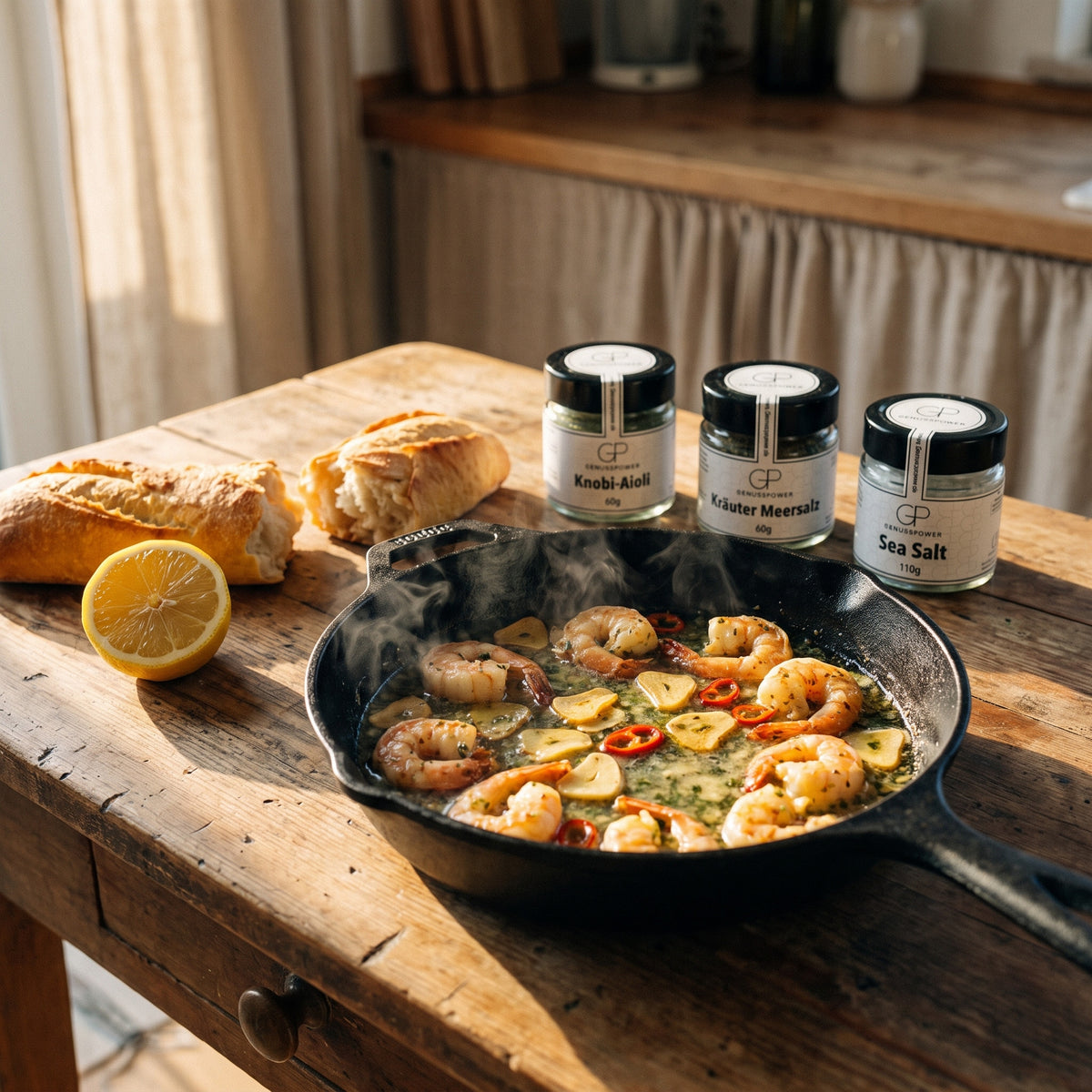 Fisch Ahoi: Gambas in Knoblauchöl in der Gusspfanne mit Baguette