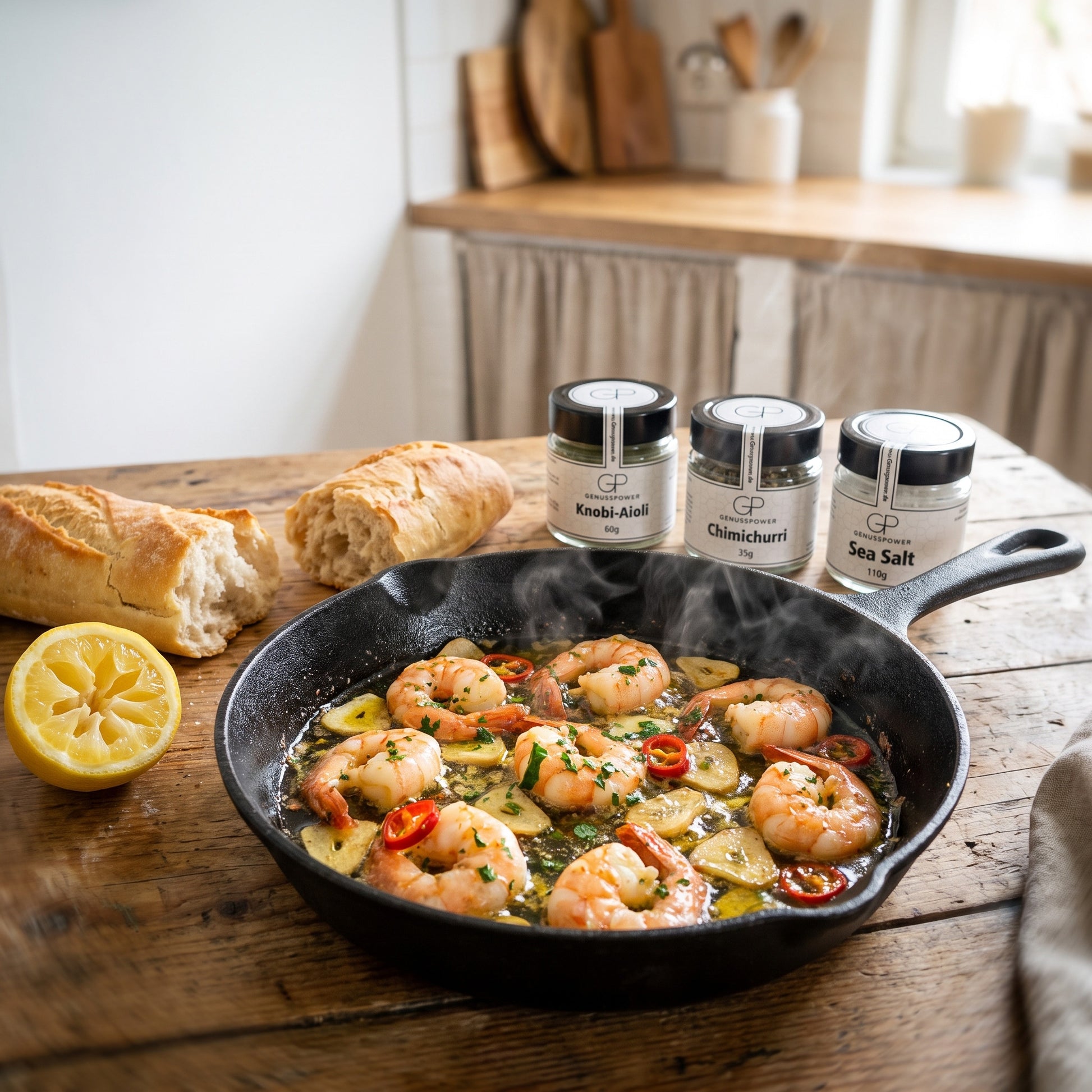 Landgang – Gambas in Knoblauchöl in der Gusspfanne mit Baguette