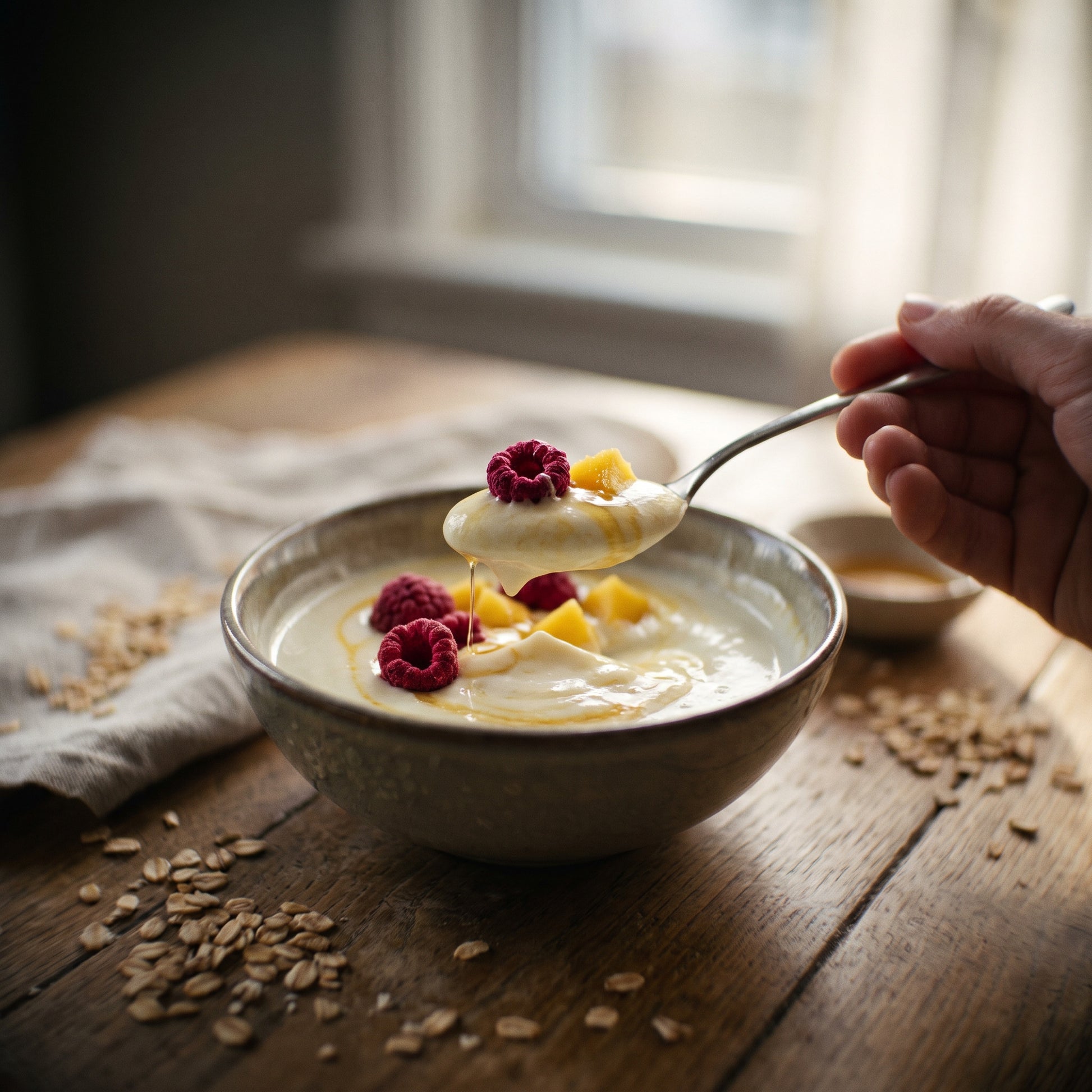 Langschläfer – goldene Joghurtschale mit Himbeeren und Mango