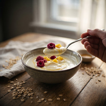 Langschläfer – goldene Joghurtschale mit Himbeeren und Mango