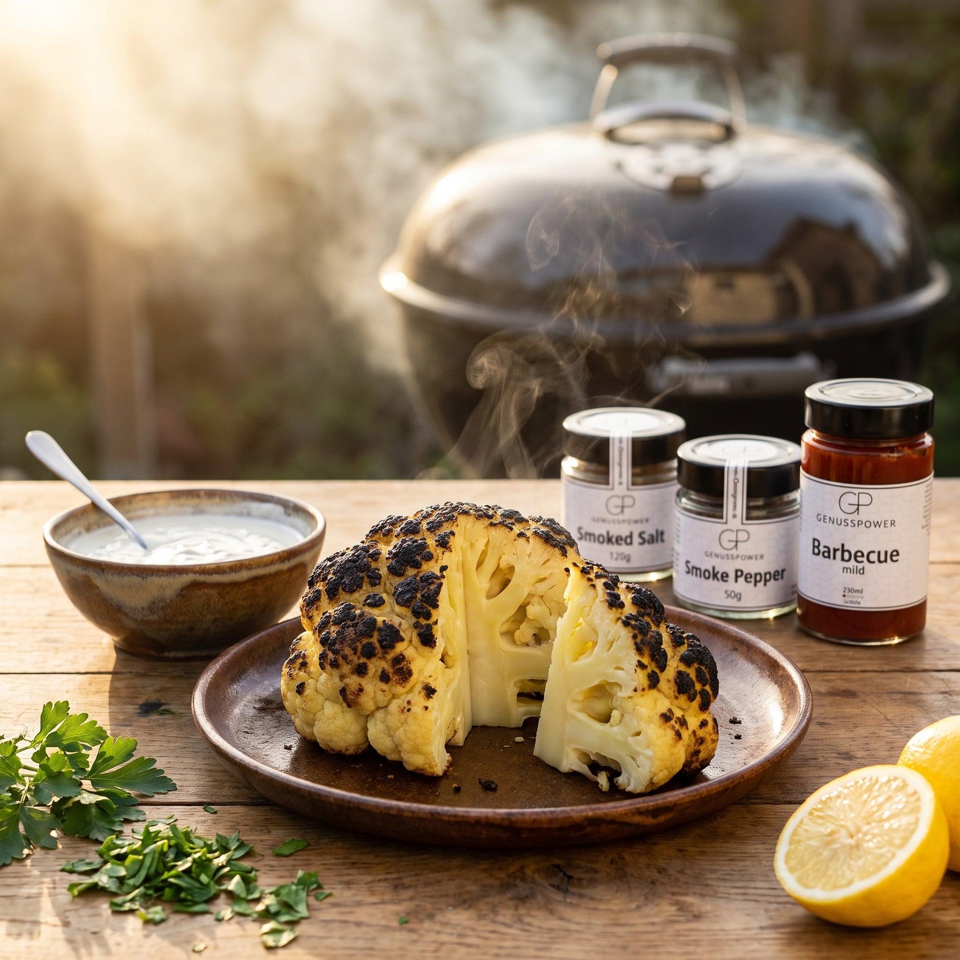 Räucherkammer – ganzer gegrillter Blumenkohl mit dunklen Röschen und kalter Joghurtsauce
