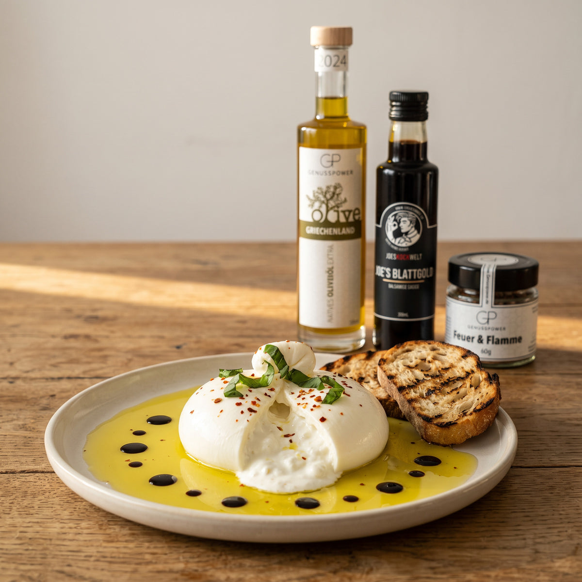 Flammenkuss: Burrata mit Olivenöl, dunklen Balsamicotropfen und Röstbrot