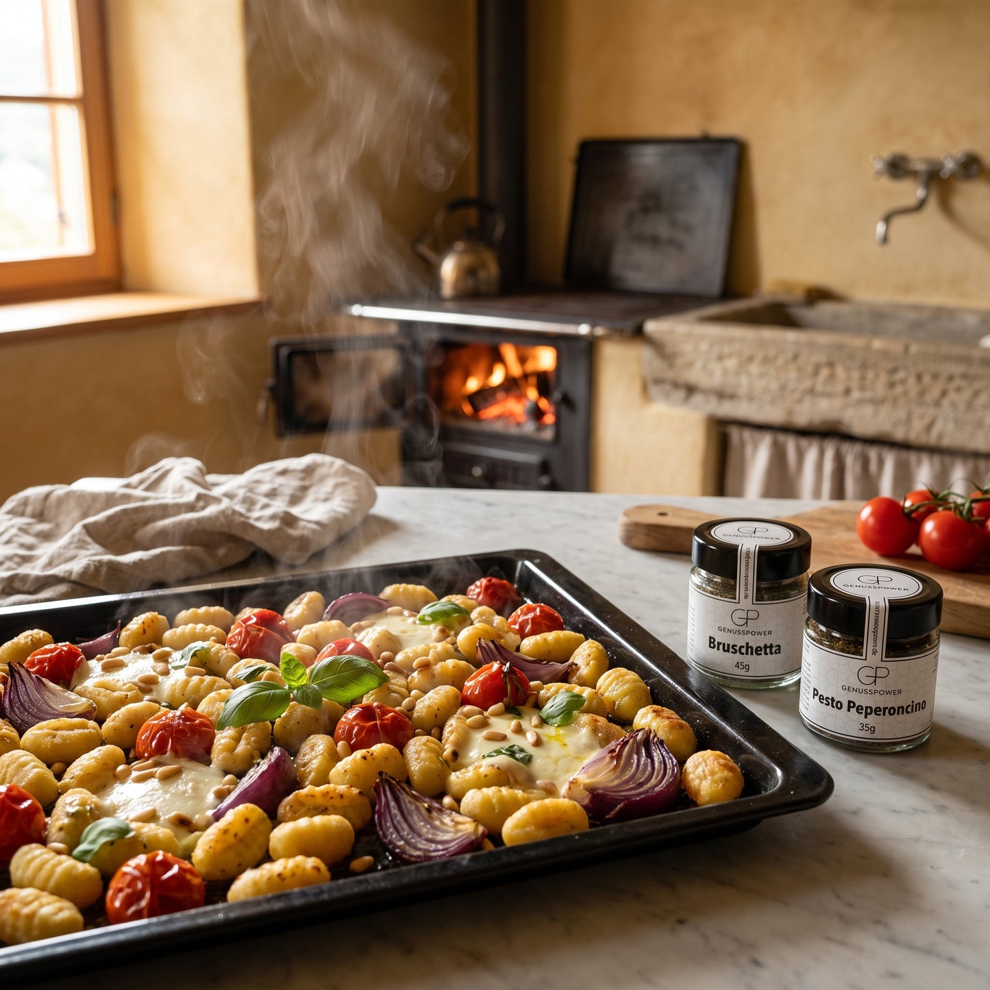 Kurzurlaub – Ofen-Gnocchi mit geschmorten Kirschtomaten und Pesto Peperoncino im Blech