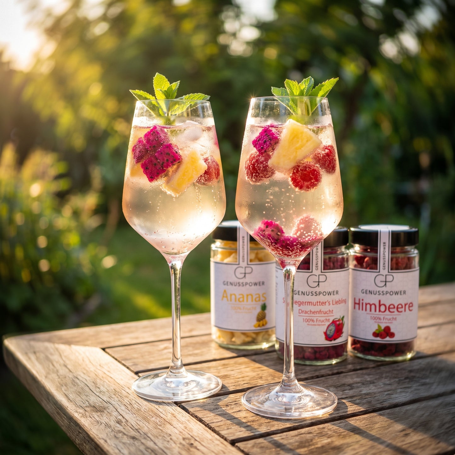 Sommerfrische – Spritz mit aufsteigenden Fruchtstücken im Glas
