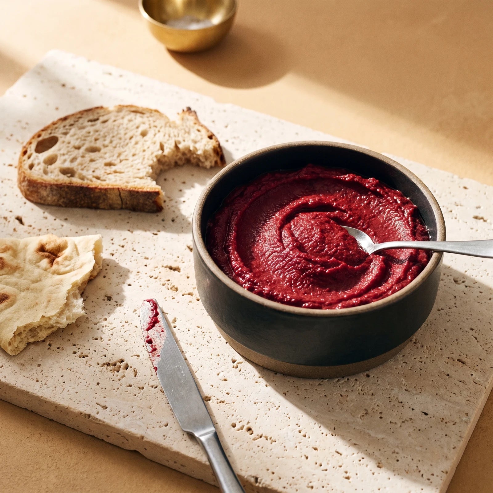Dunkle Keramikschale mit tiefrotem Aufstrich auf einer Travertinplatte, daneben eine Scheibe Sauerteigbrot, ein Stück Fladenbrot und ein Messer