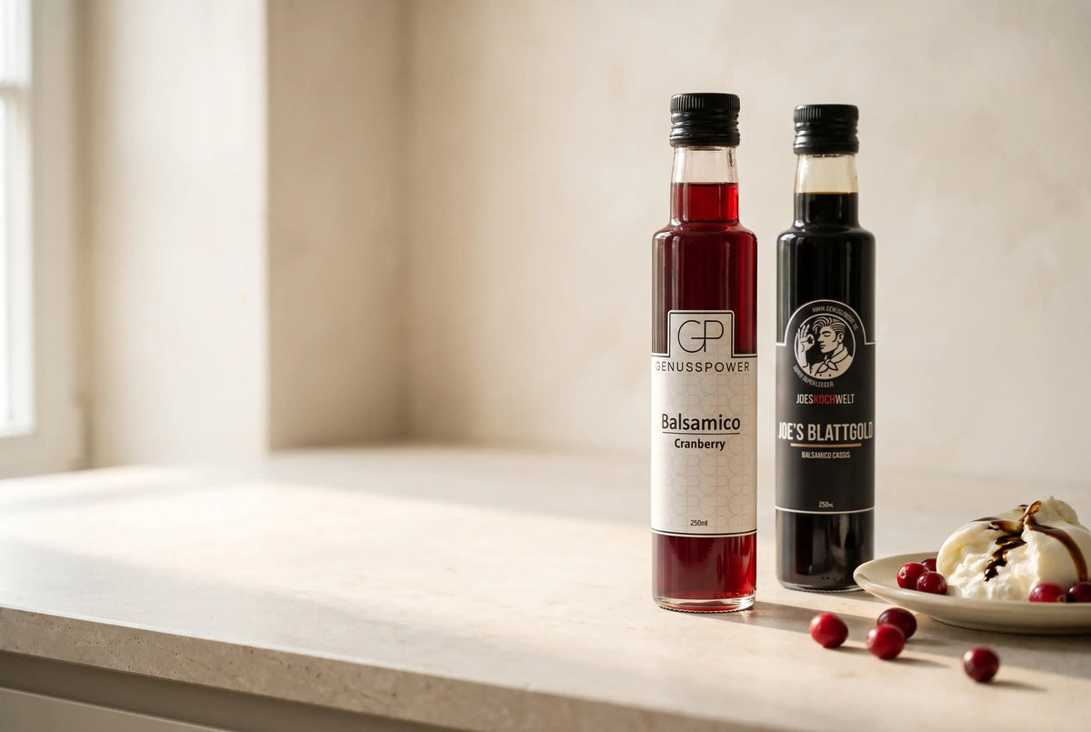 Zwei Flaschen Balsamico von Genusspower, Cranberry und Joes Blattgold, auf heller Kalksteinplatte im Fensterlicht, daneben Burrata mit einem Faden Balsamico und frische Cranberrys