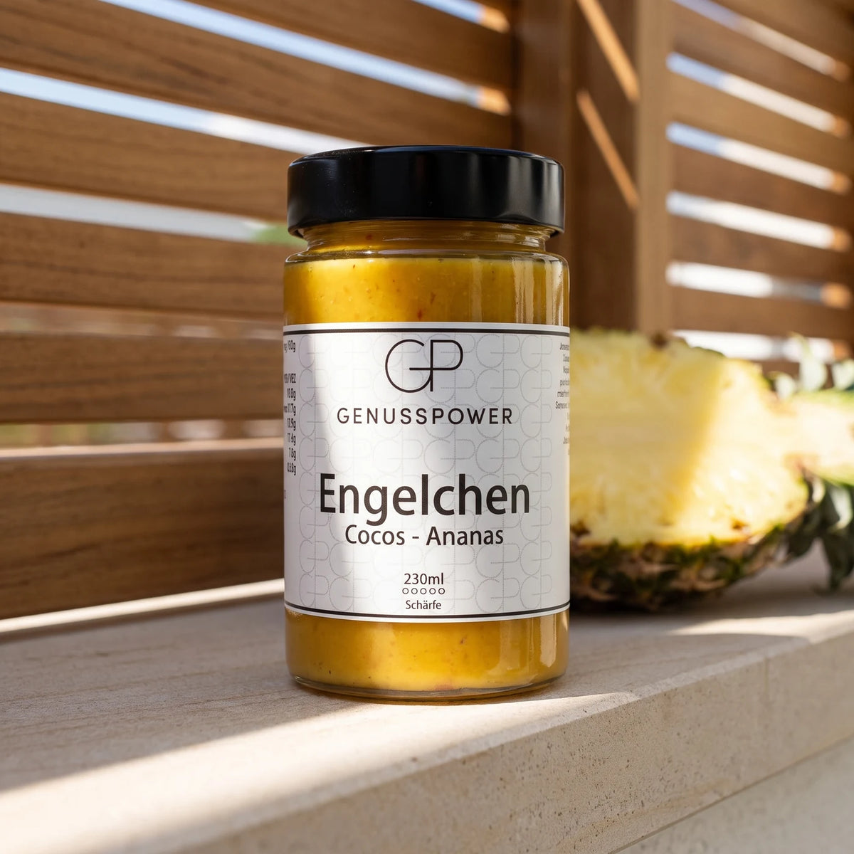 Glas Engelchen auf einem Sandsteinsims im Streifenlicht, dahinter eine halbe Ananas