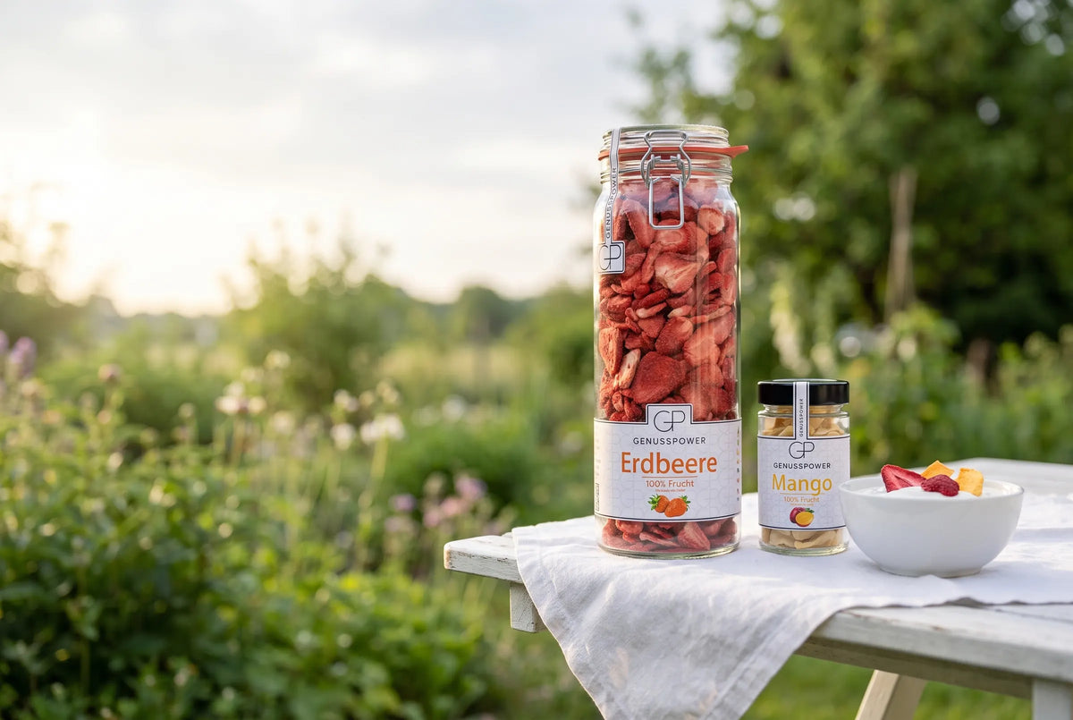 Zwei Gläser gefriergetrocknete Früchte von Genusspower, Erdbeere im großen Bügelglas und Mango im kleinen Glas, auf einem weißen Gartentisch im Morgenlicht, daneben eine Schale Joghurt mit Früchten