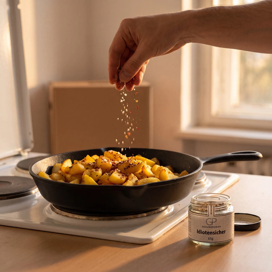Eine Hand würzt Bratkartoffeln in der Gusspfanne am Herd mit Idiotensicher von Genusspower