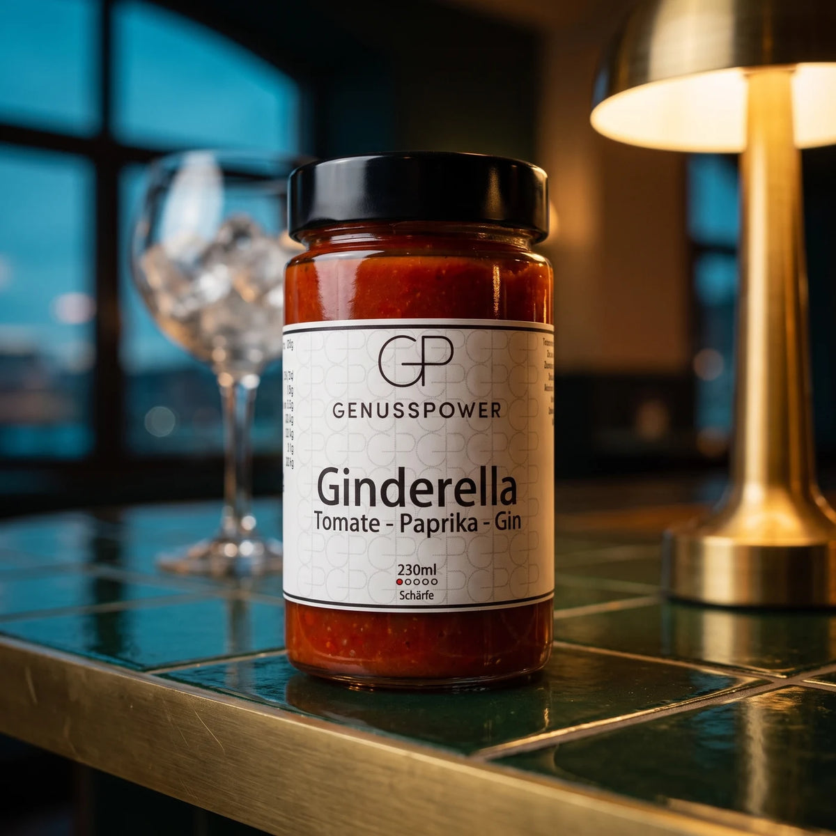 Glas Ginderella auf einer grün gefliesten Bartheke im Licht einer Messinglampe