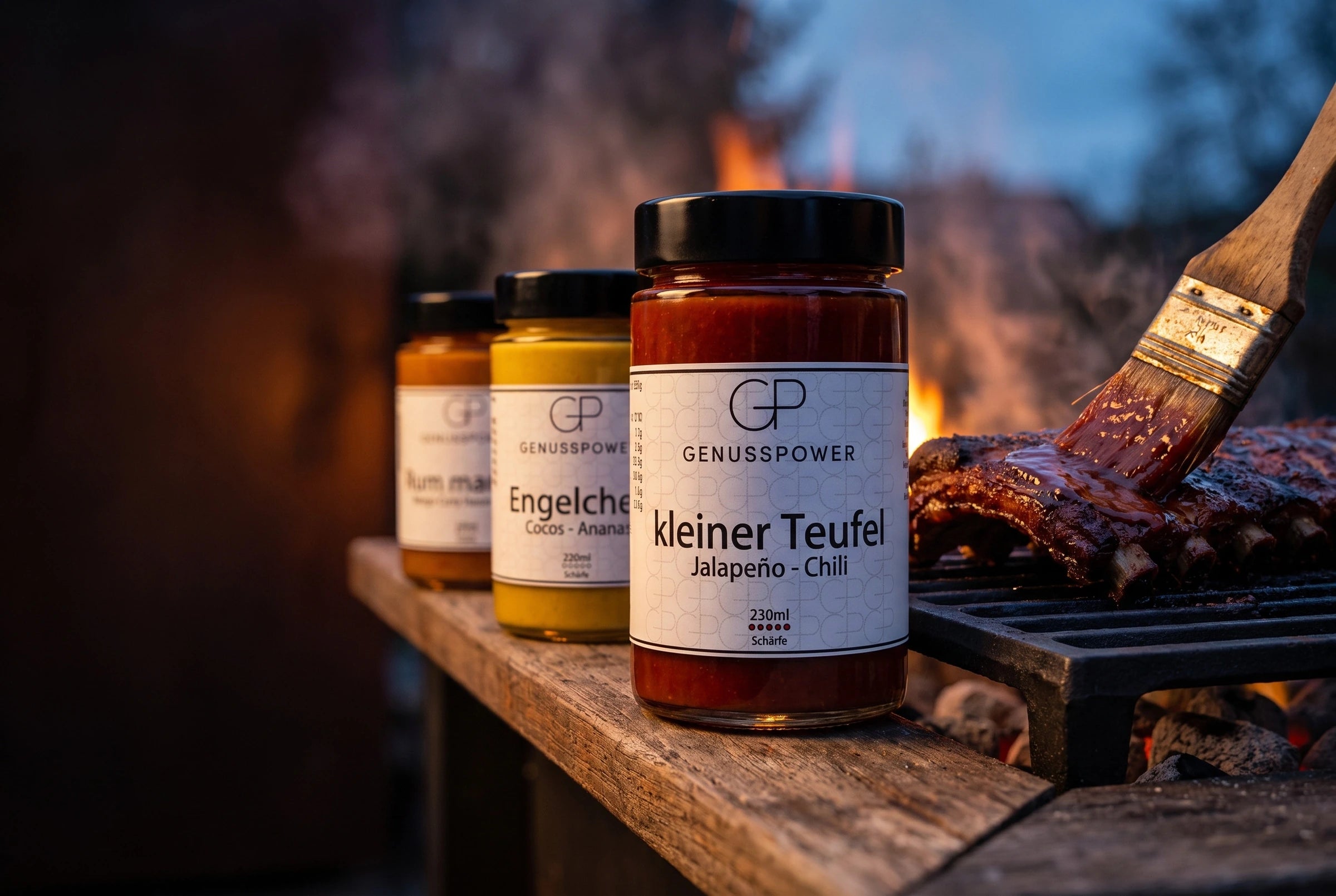 Grillsauce kleiner Teufel neben Rippchen auf dem Grill, Glut am Abend