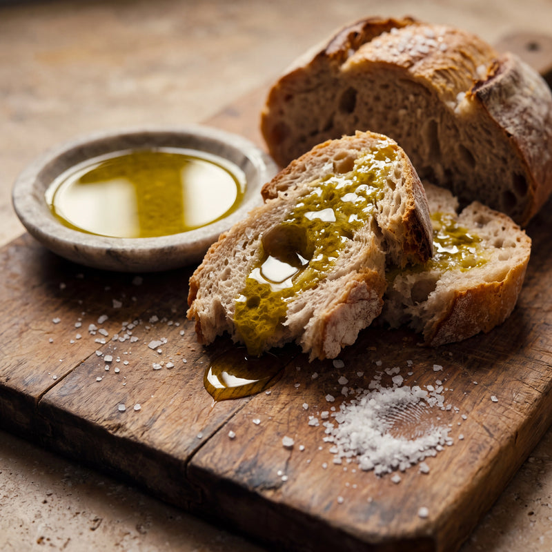 Aufgerissenes Brot mit Olivenöl und grobem Salz