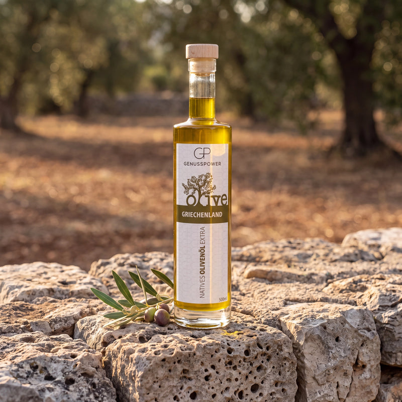 Griechisches Olivenöl. Natives Olivenöl extra aus Oliven der Sorte Koroneiki. Von Hand geerntet, erste Kaltpressung.