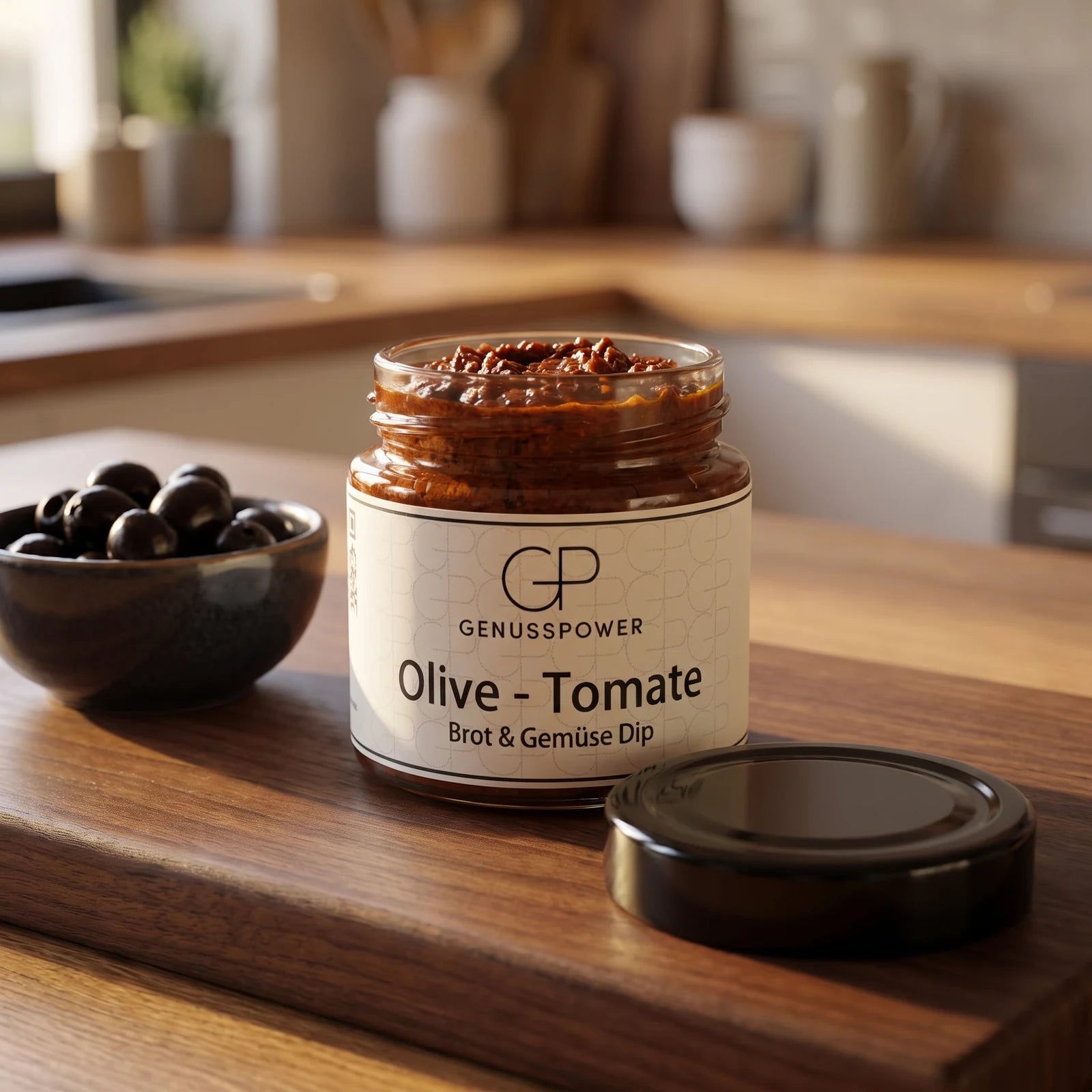 Offenes Glas Olive Tomate auf dunklem Nussbaumbrett