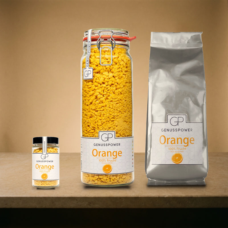 Orange in allen drei Größen nebeneinander