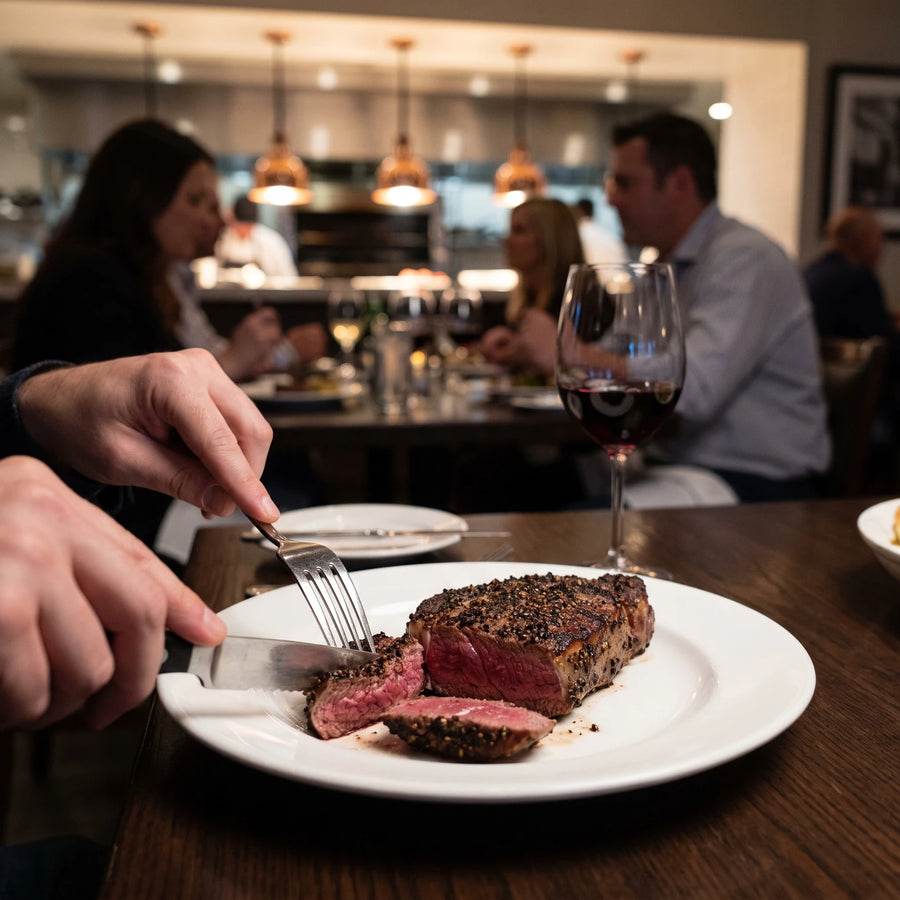 Gast schneidet ein Steak mit Pfefferkruste an, daneben ein Glas Rotwein, im Steakhaus