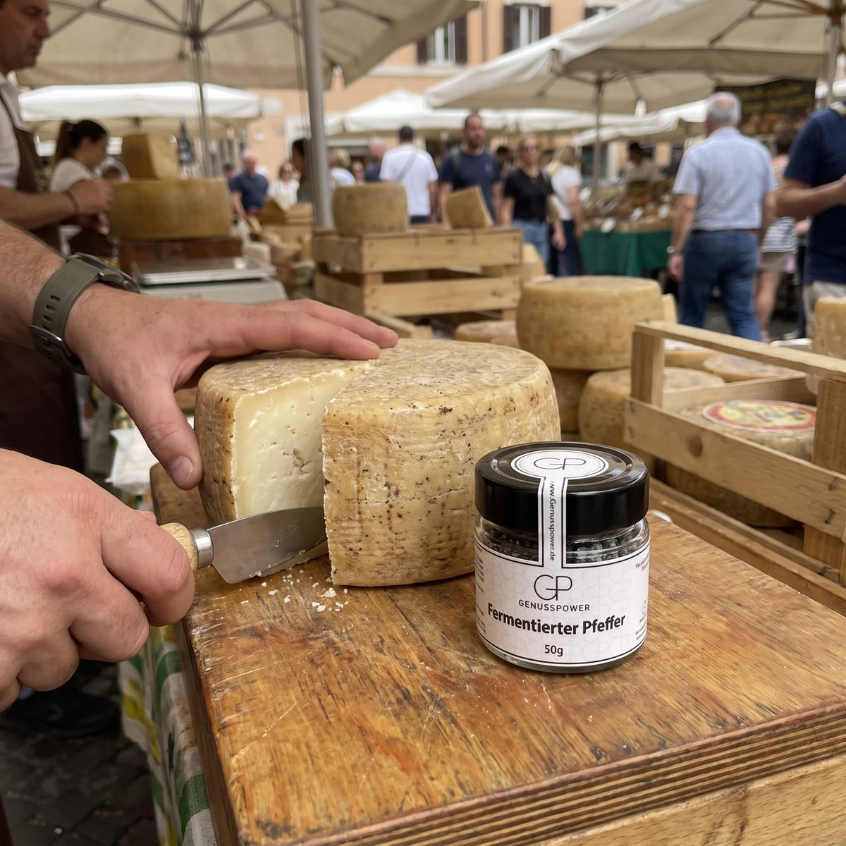 Glas Fermentierter Pfeffer von Genusspower am Käsestand eines Markts in Rom, daneben ein Laib Pecorino
