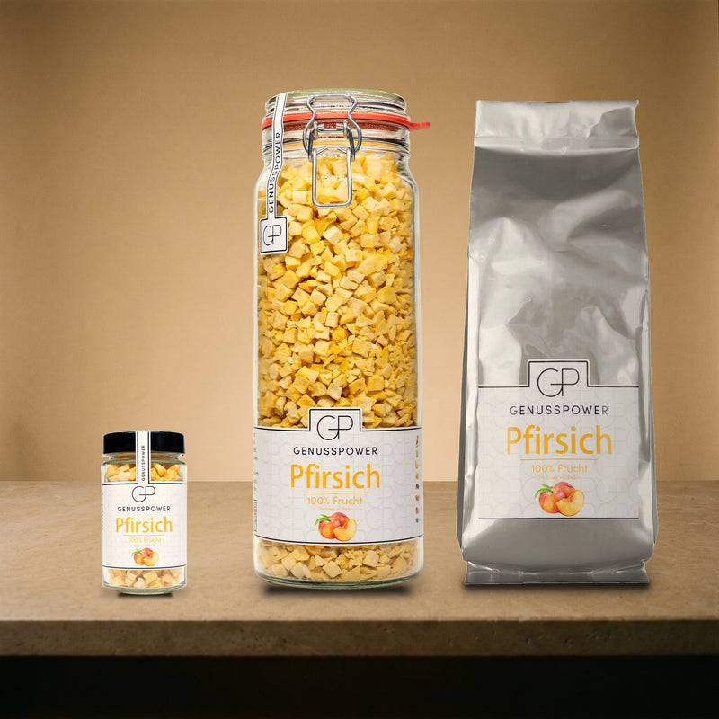Pfirsich in allen drei Größen nebeneinander