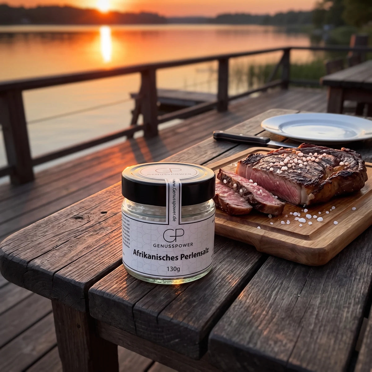 Glas Afrikanisches Perlensalz von Genusspower auf einem Holztisch auf der Terrasse eines Restaurants am See bei Sonnenuntergang, daneben ein Brett mit aufgeschnittenem Steak