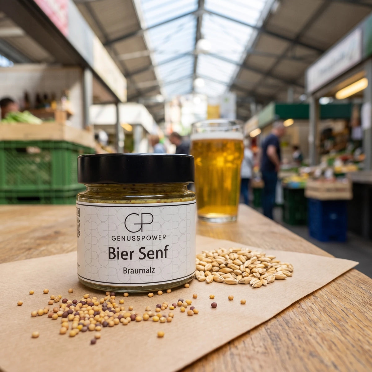 Glas Bier Senf Braumalz von Genusspower auf einer Holztheke in der Markthalle, daneben Malzkörner und ein Glas Bier