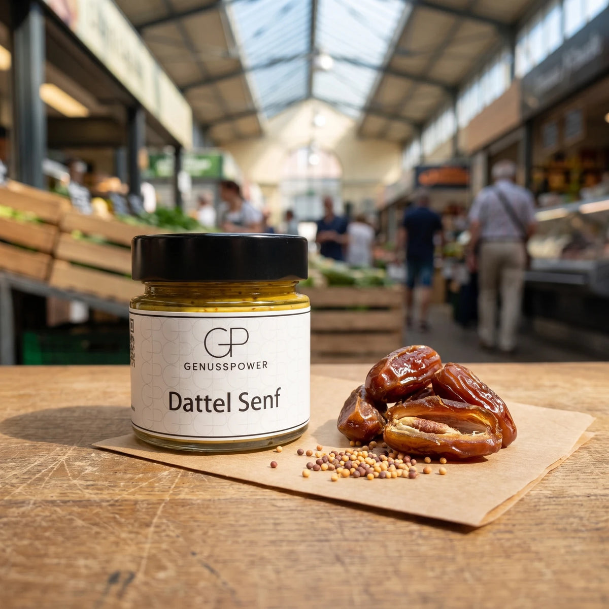 Glas Dattel Senf von Genusspower auf der Markttheke, daneben getrocknete Datteln