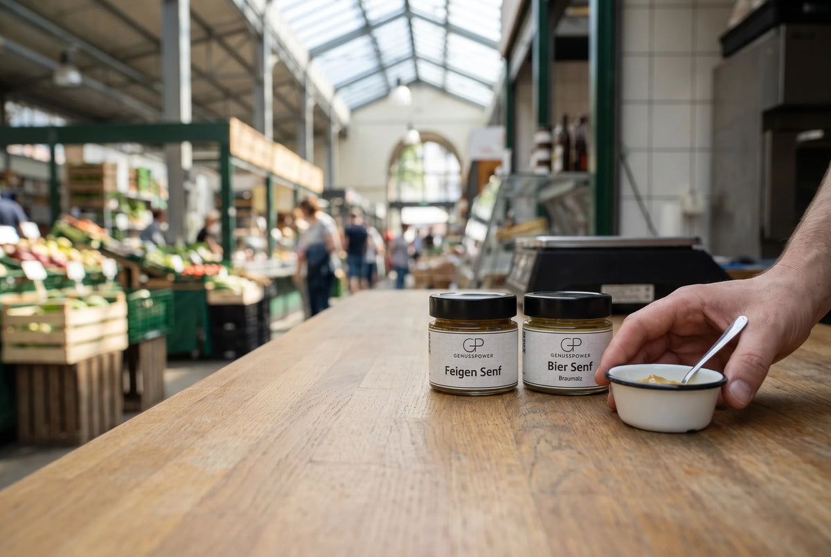 Zwei Gläser Senf von Genusspower auf einer Holztheke in der Markthalle, Feigen Senf und Bier Senf Braumalz, eine Hand stellt eine Probierschale mit Senf daneben