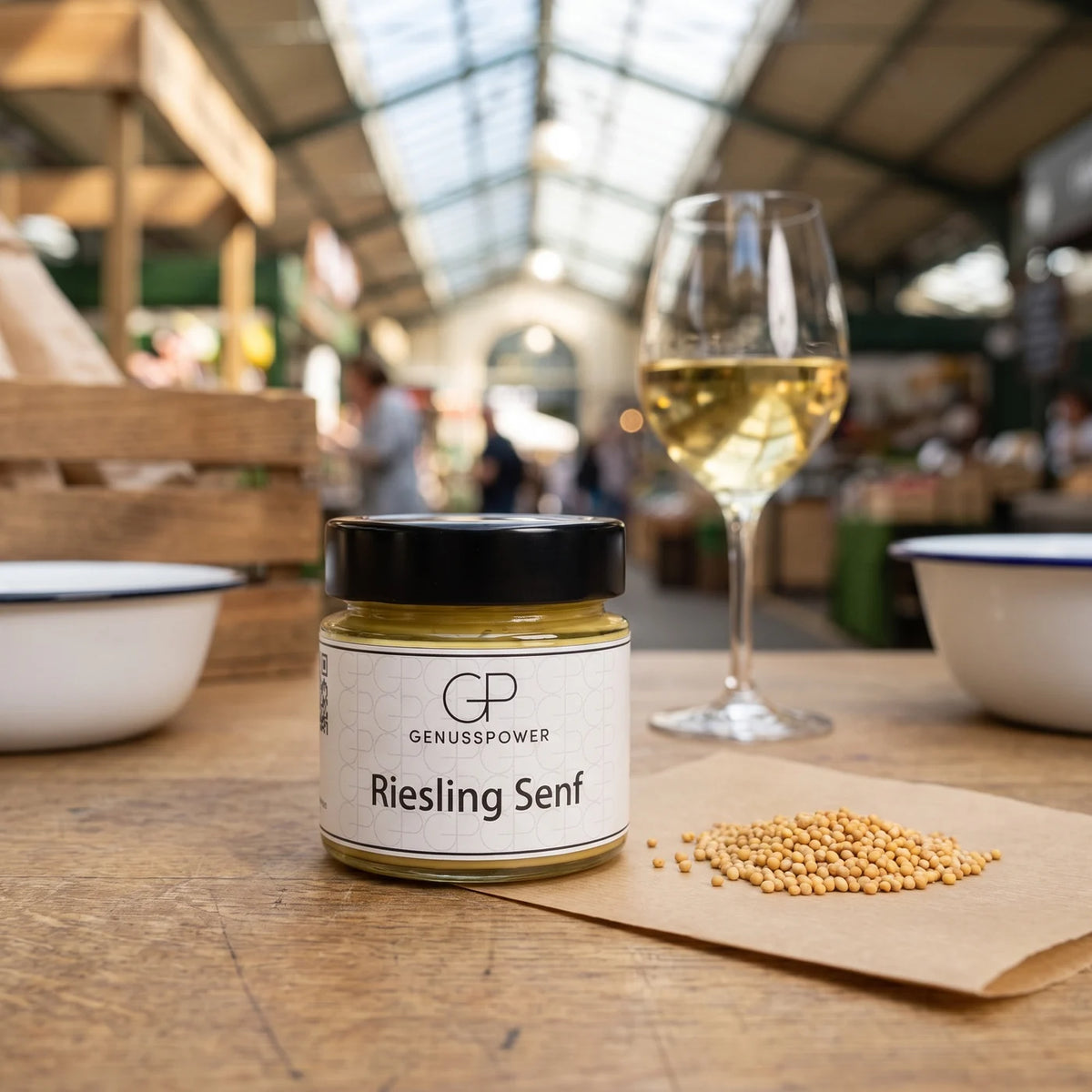 Glas Riesling Senf von Genusspower auf der Markttheke, dahinter ein Glas Weißwein